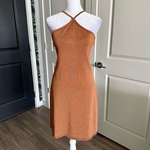 INTERMIX Copper Brown Halter Metallic Knit Mini Dress Size L